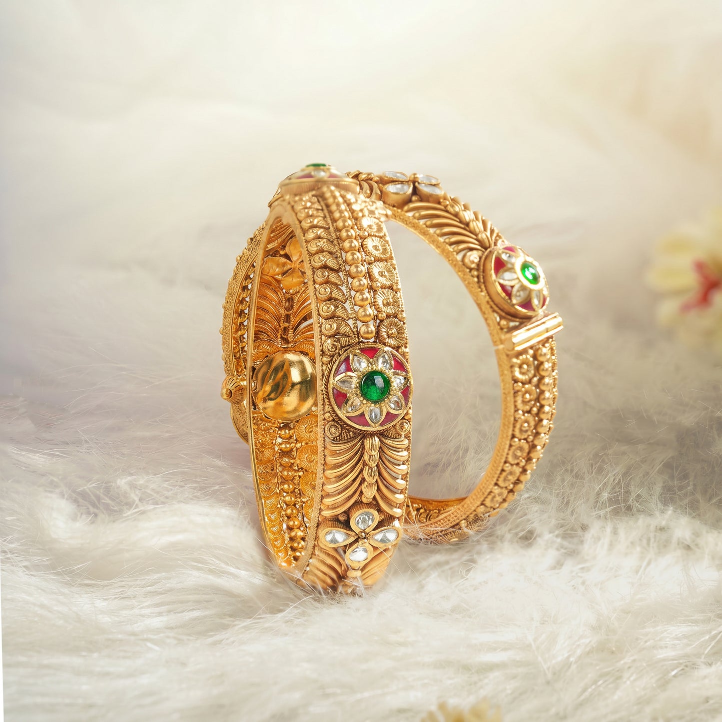 Semi Kundan Antique 22KT Nakshi Bangle Pair for Women