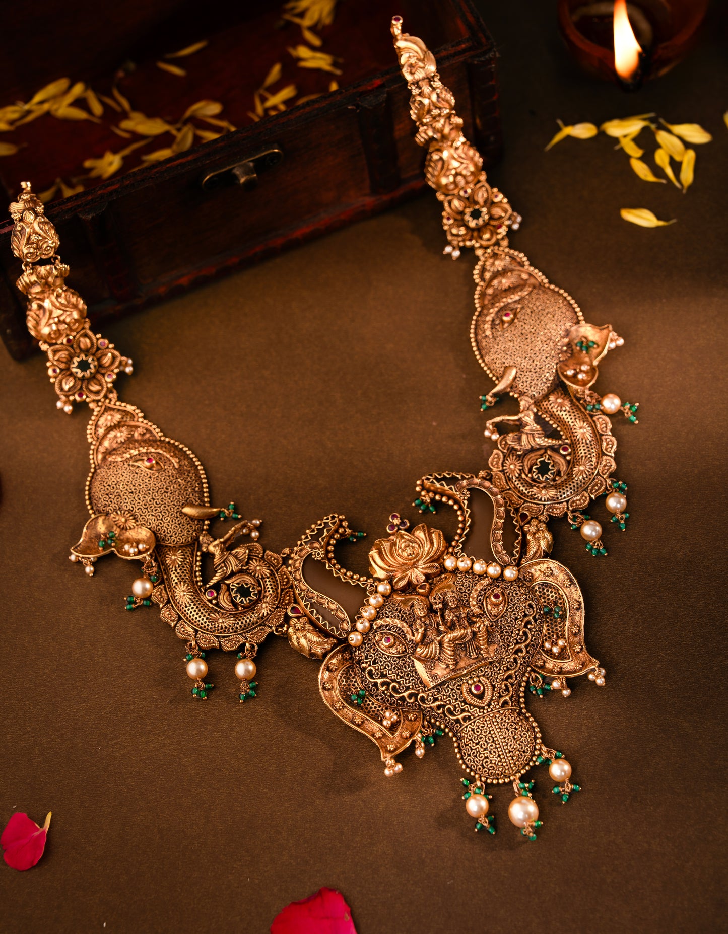 22KT Gold Exclusive Temple Necklace with Lakshmi & Peacock