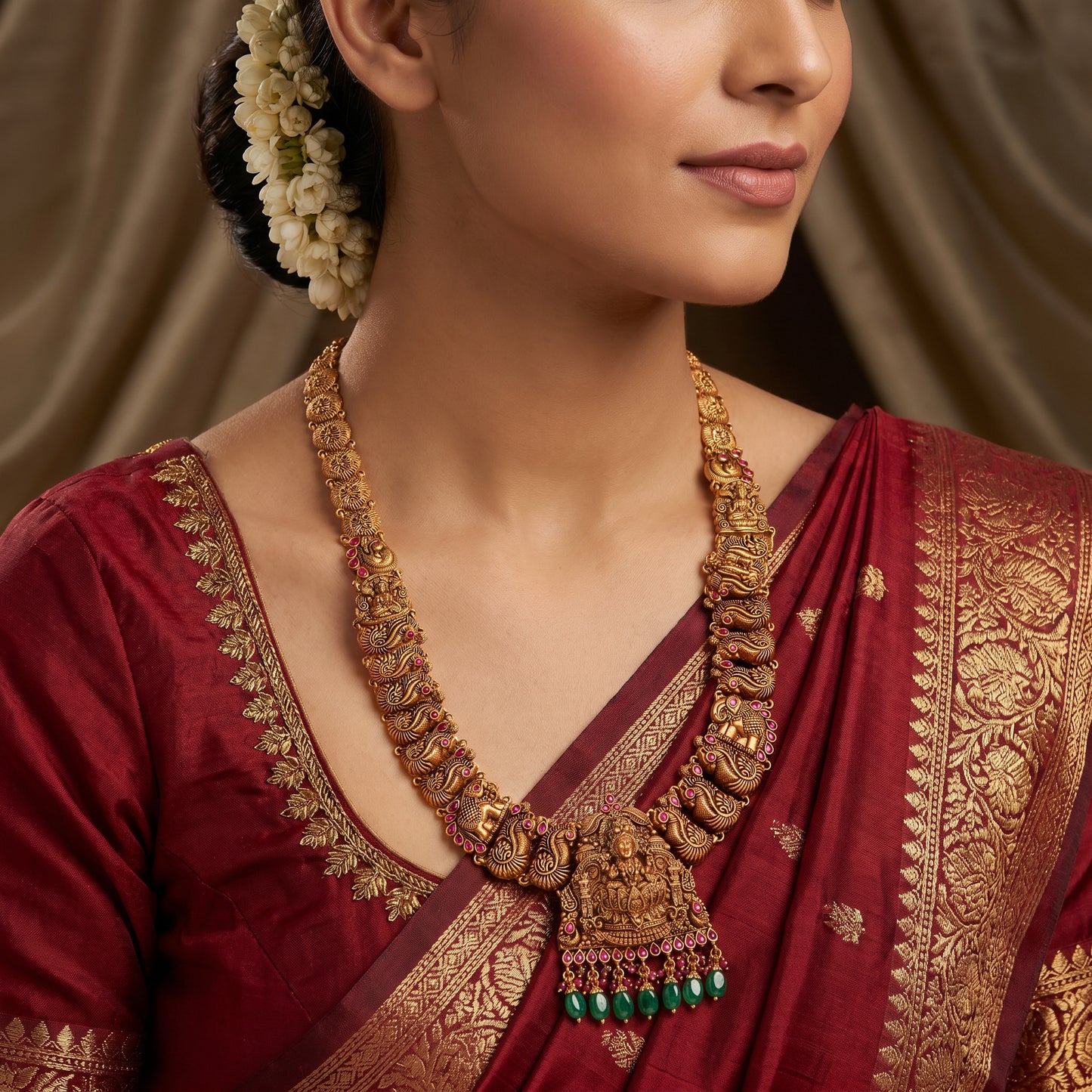22KT Gold Nakshi Temple Haram with Lotus And Lakshmi Motifs