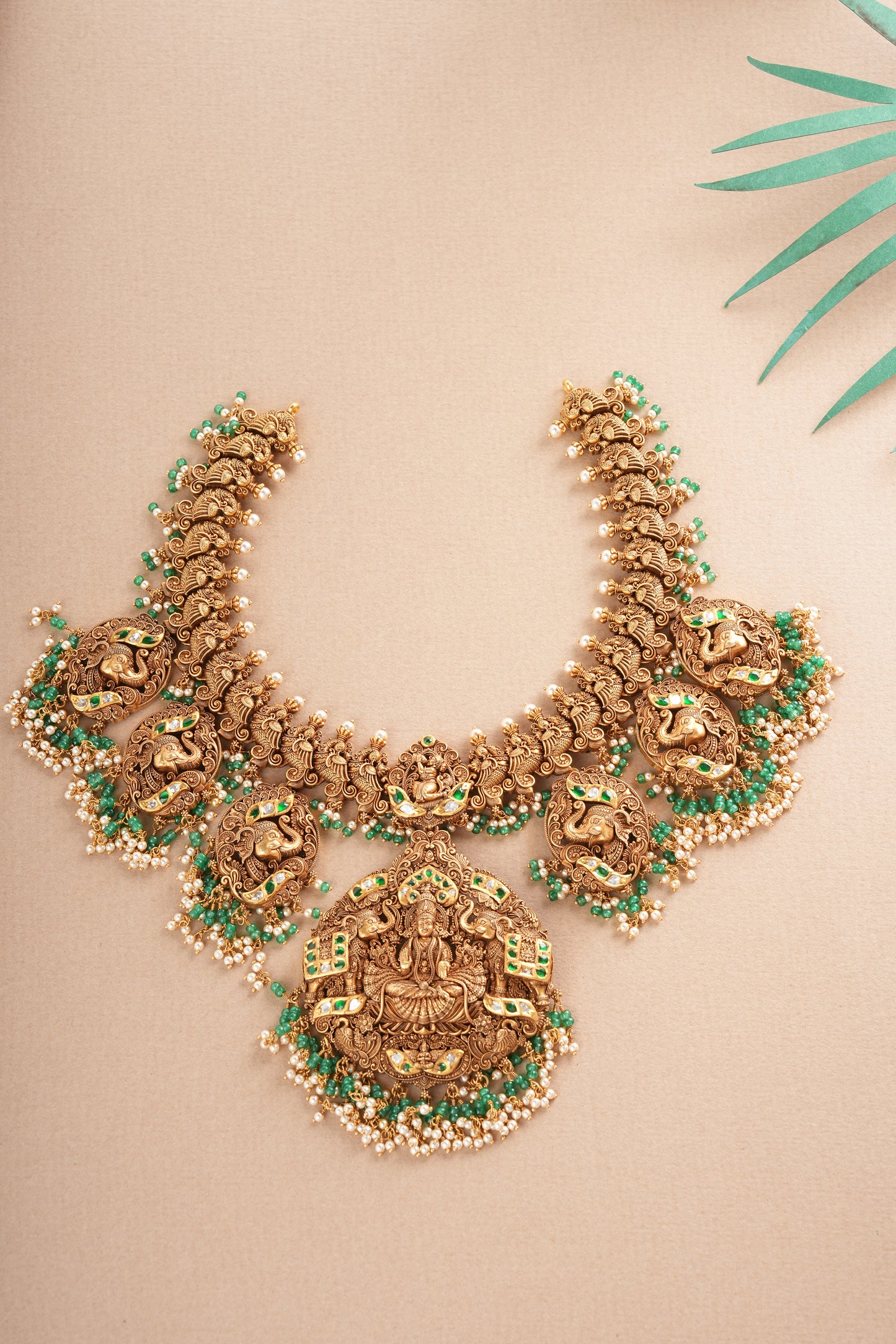 22KT Gold Micro Art Gajlakshmi Temple Necklace with Emerald