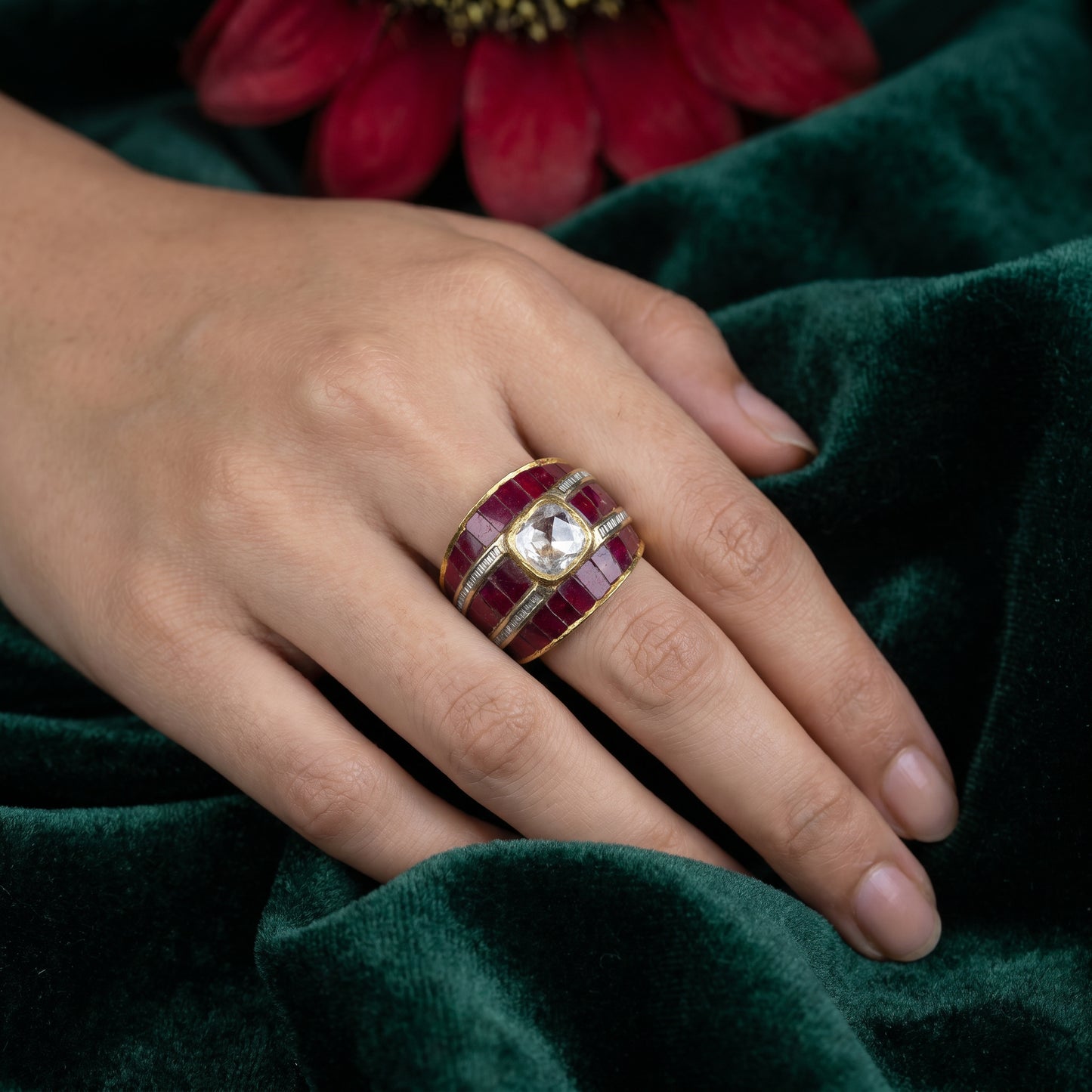 Ruby Baguette & Polki Uncut Diamond Wide Band Ring in 24KT Gold
