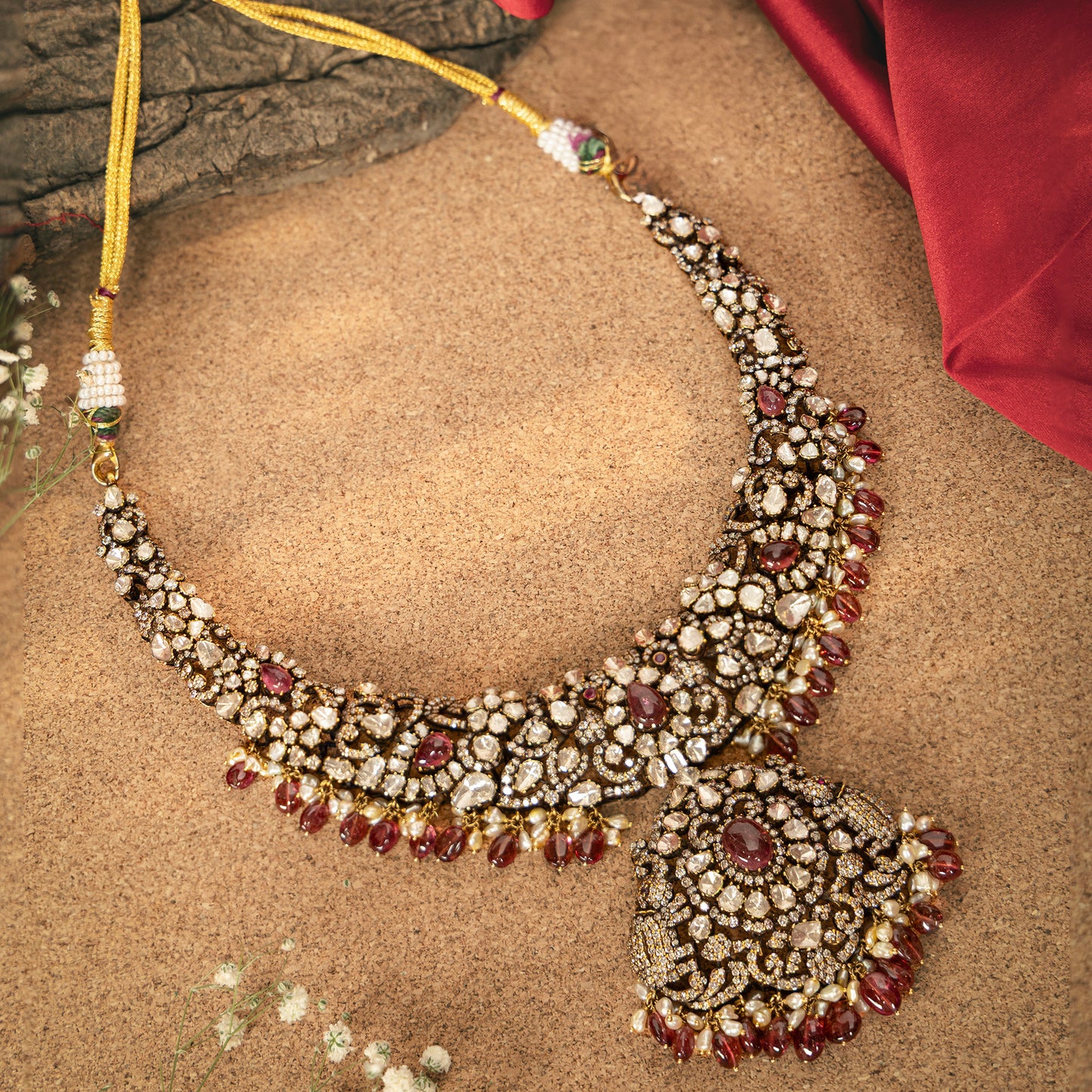18Kt Gold Uncut Diamond Victorian Necklace with Rubies
