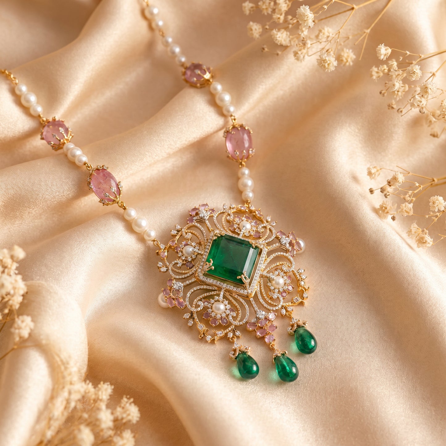 Designer 18KT Diamond Necklace with Emerald & Pearl for Women