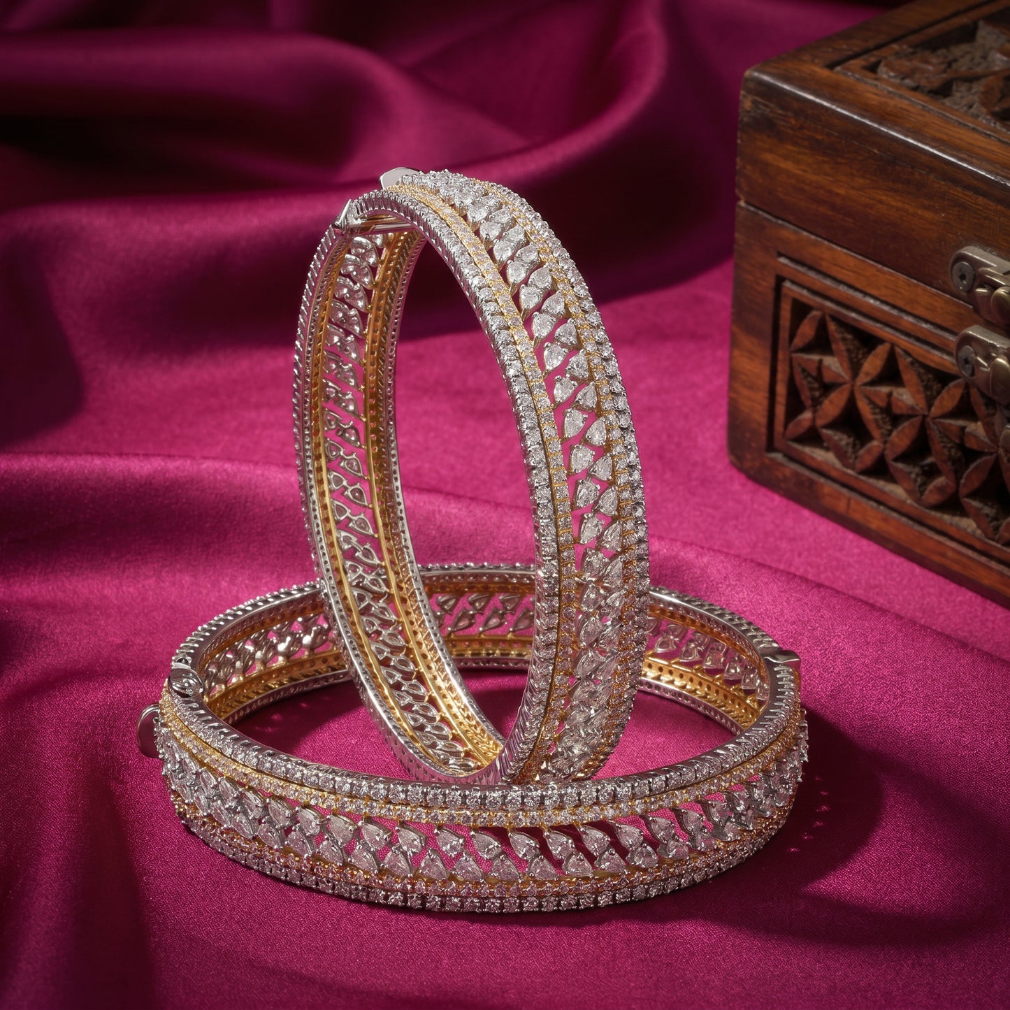 18KT Dual Tone Gold Diamond Bridal Bangle Pair for Women