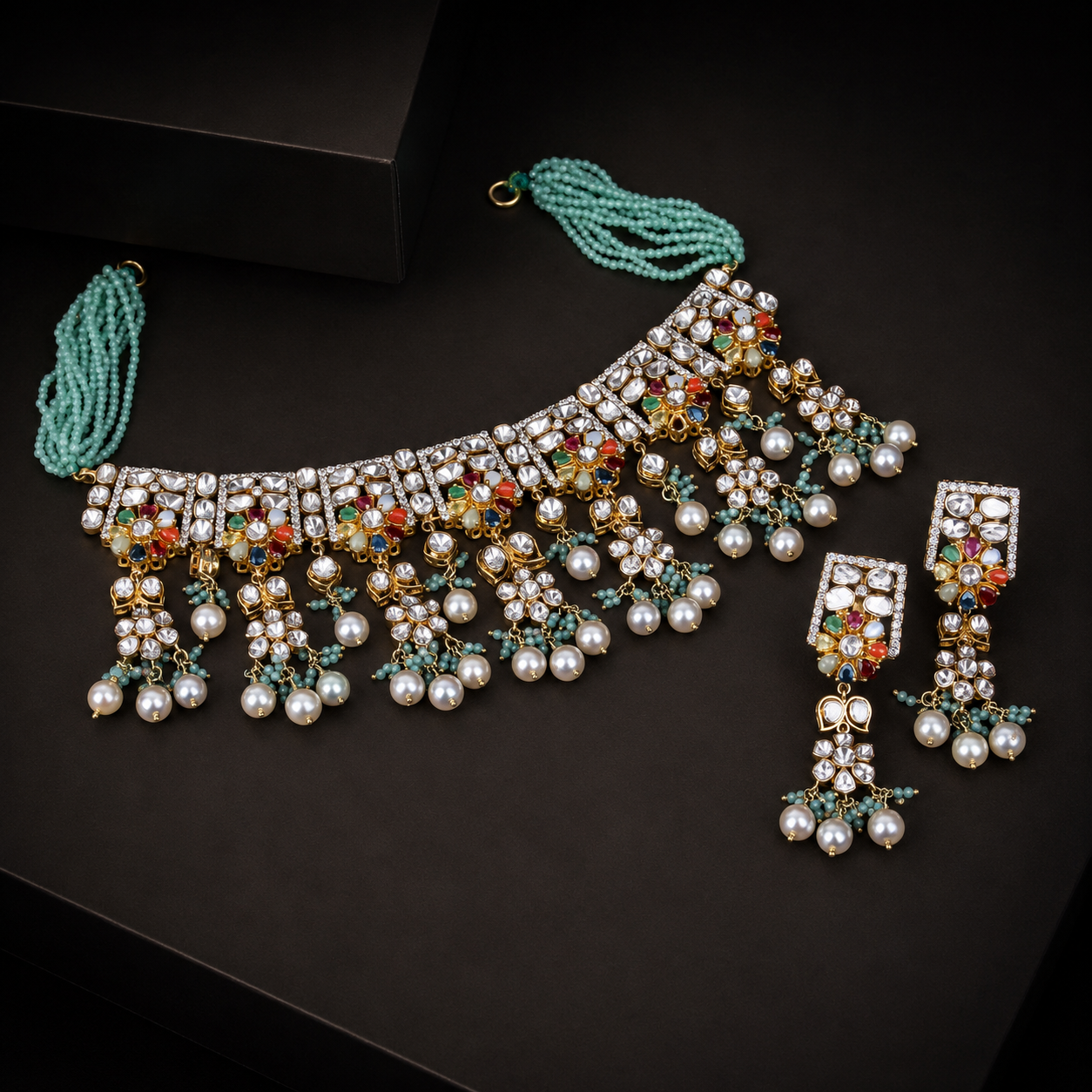 18KT Gold Uncut Diamond Jadau Choker Necklace Set with Earrings