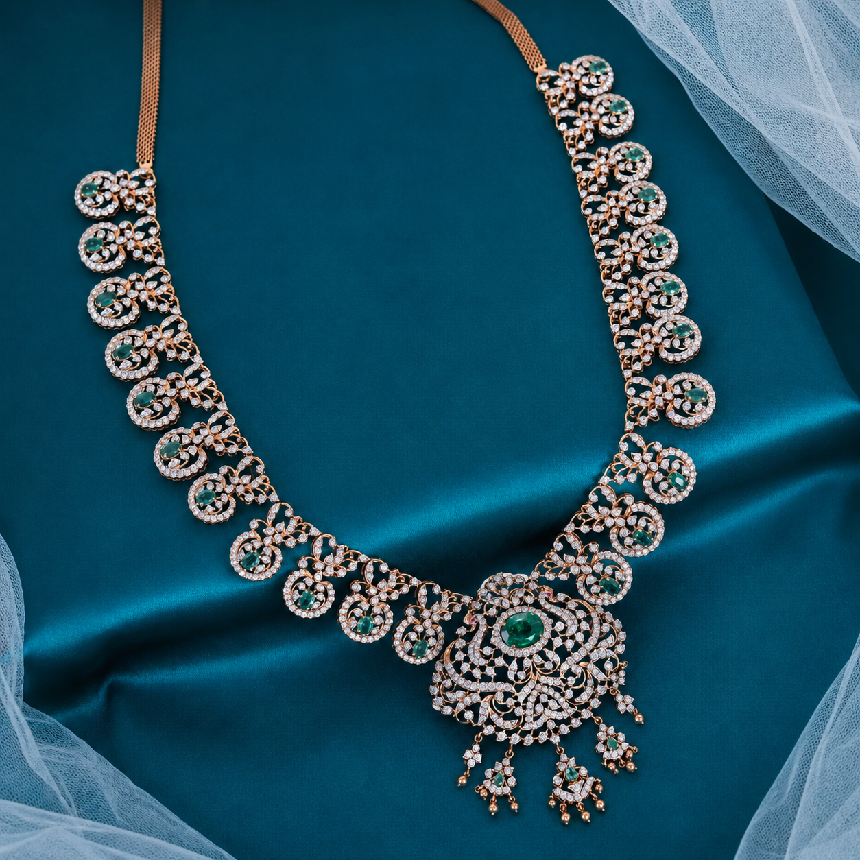 18KT Gold Bridal Diamond Haram with Emerald Green Stones
