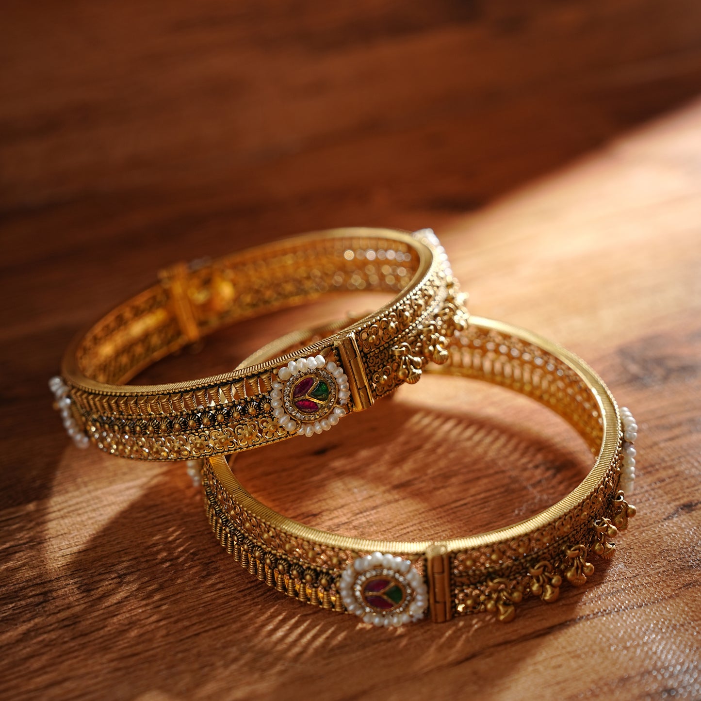 22KT Gold Antique Bangle Set with Pearls and Semi Kundan