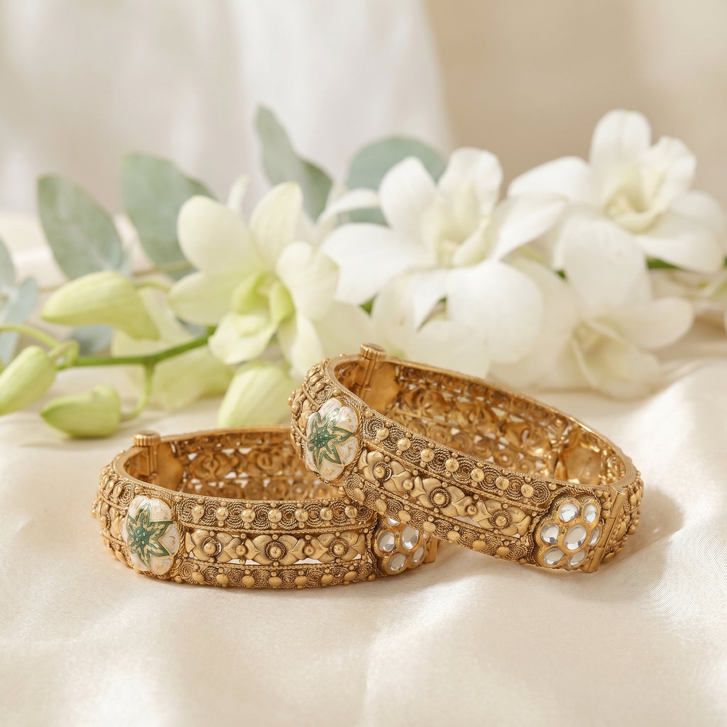 22KT Gold Semi Kundan Antique Bangle Set with Meenakari Work