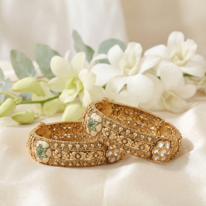 22KT Gold Semi Kundan Antique Bangle Set with Meenakari Work