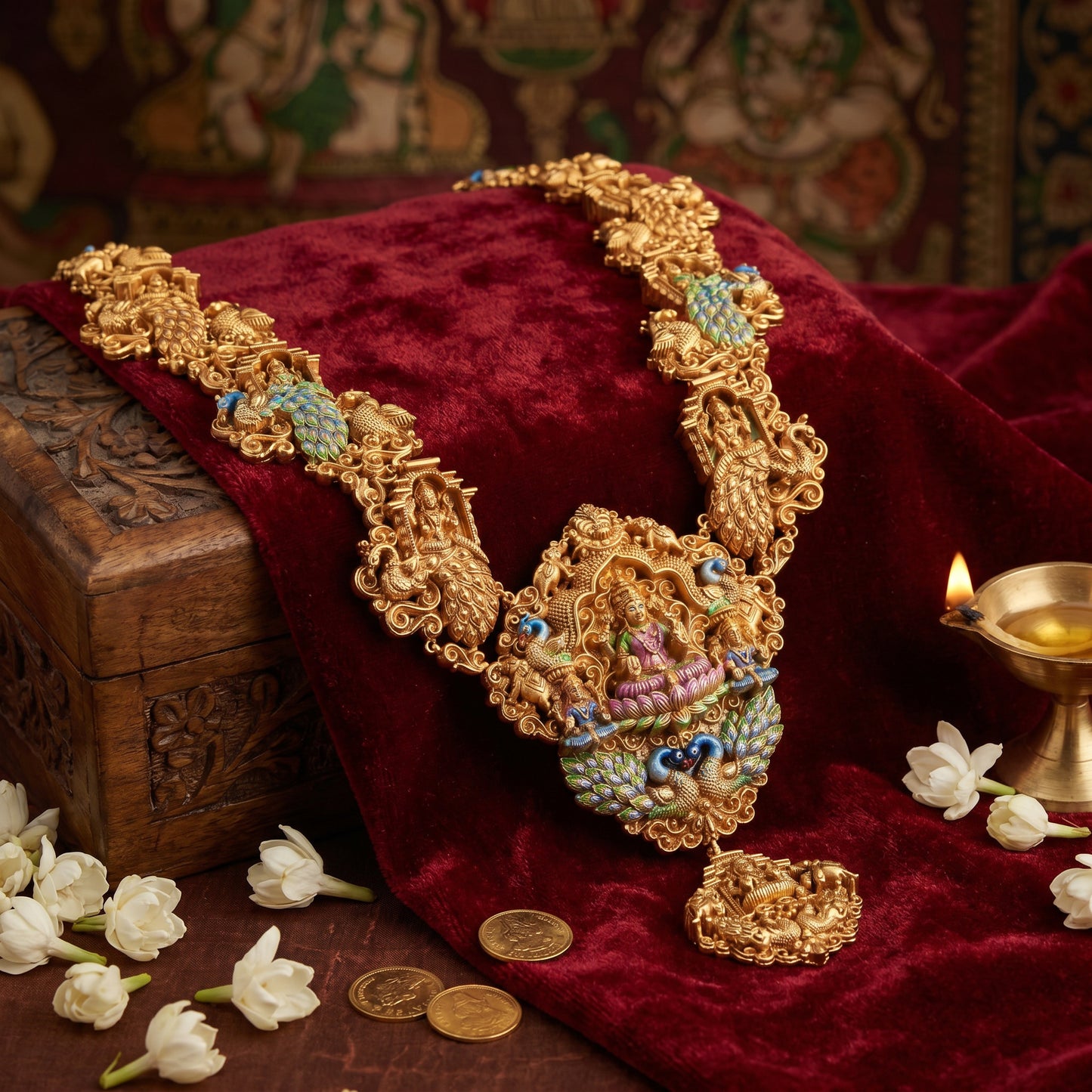 22KT Gold Nakshi Lakshmi Temple Haram with Enamel Work