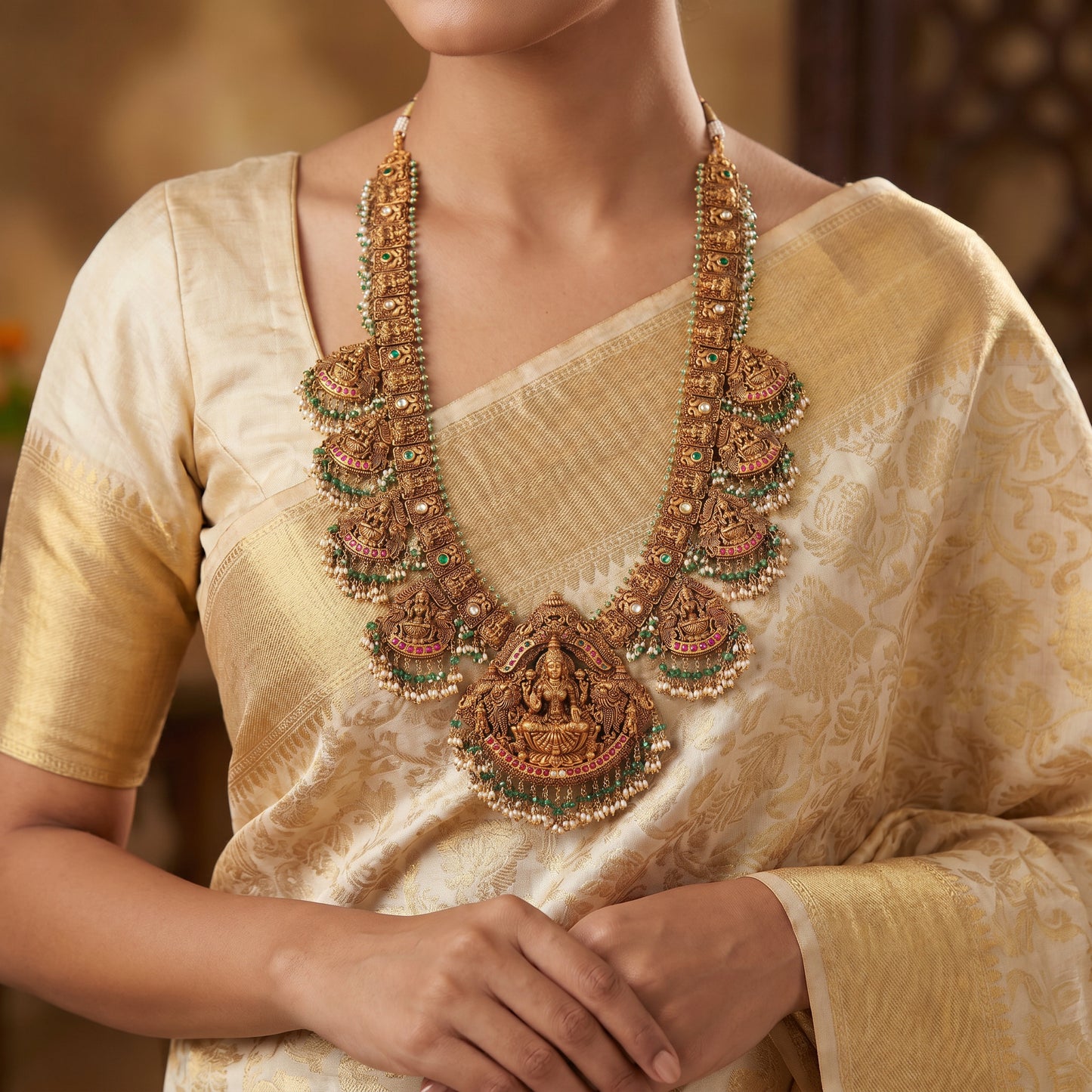 22KT Gold Micro Art Lakshmi Temple Haram For Women