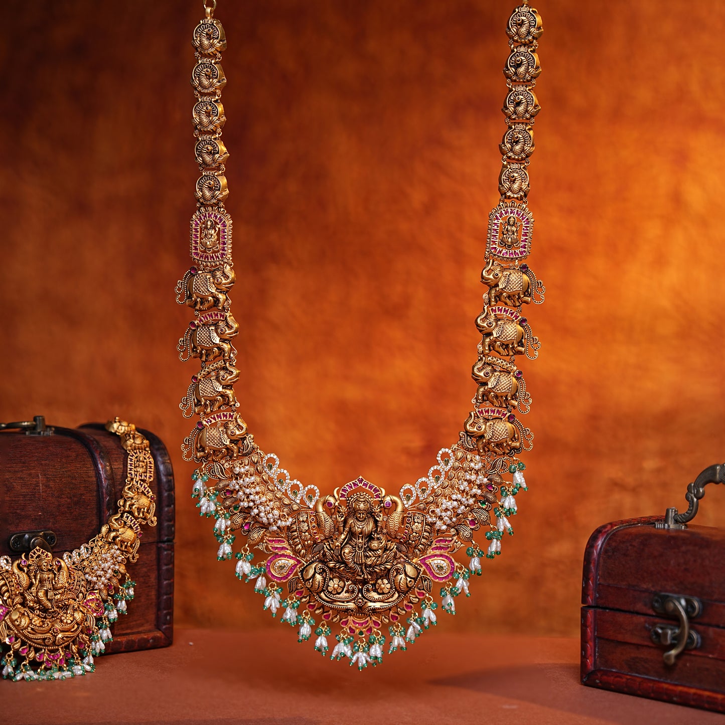 22Kt Gold Nakas Lakshmi Temple Haram with Elephant & Pearl Drops