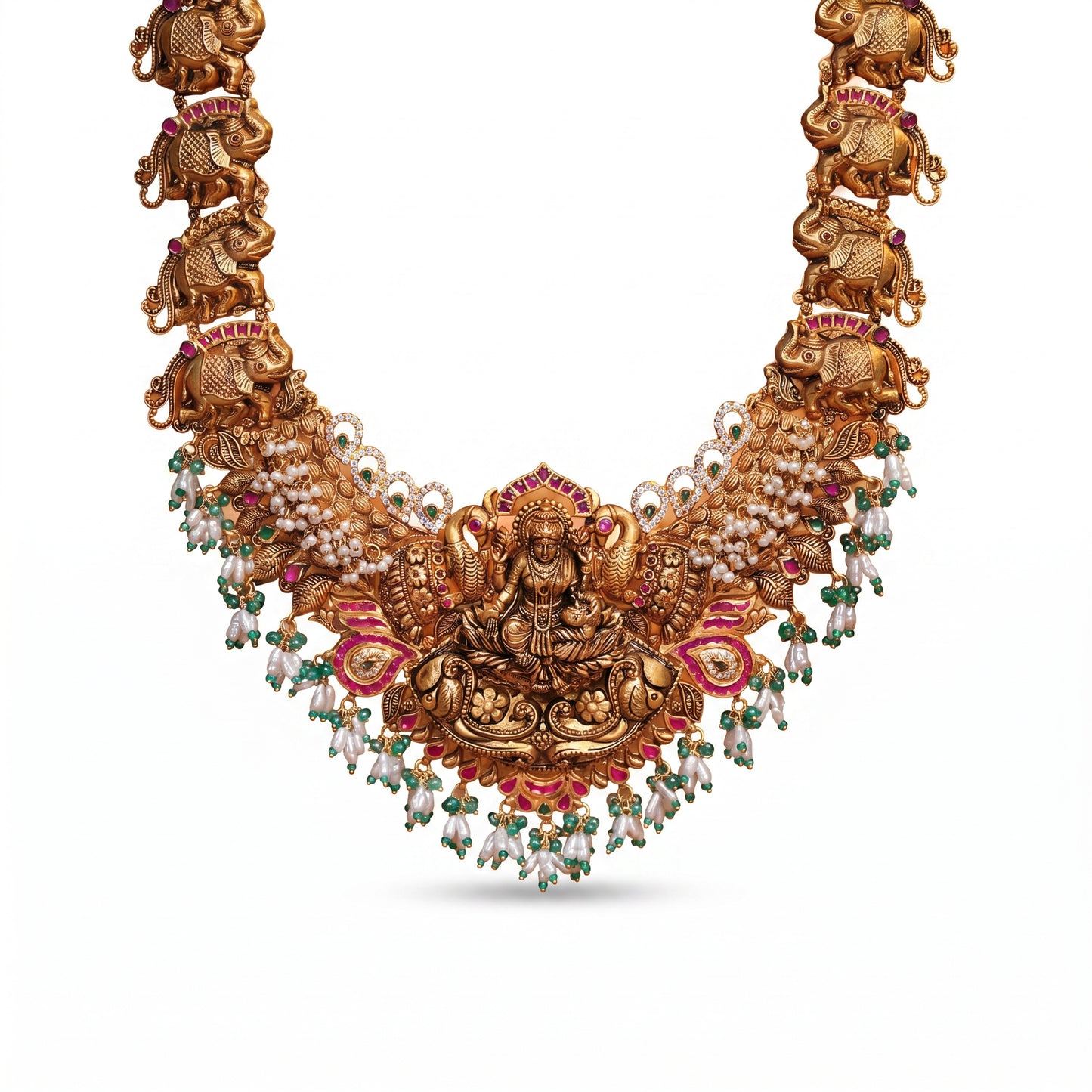 22Kt Gold Nakas Lakshmi Temple Haram with Elephant & Pearl Drops