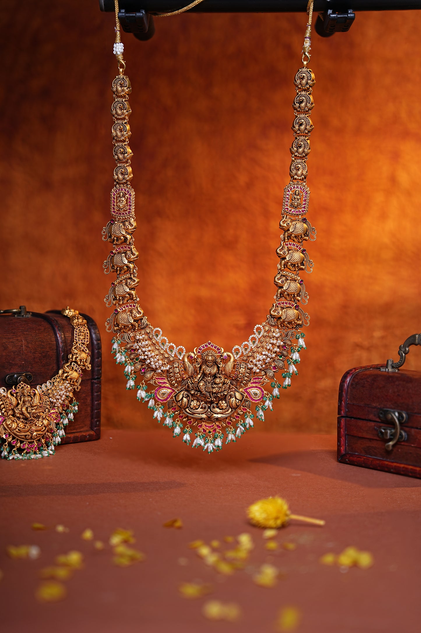 22Kt Gold Nakas Lakshmi Temple Haram with Elephant & Pearl Drops
