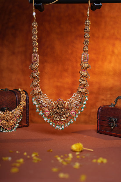 22Kt Gold Nakas Lakshmi Temple Haram with Elephant & Pearl Drops