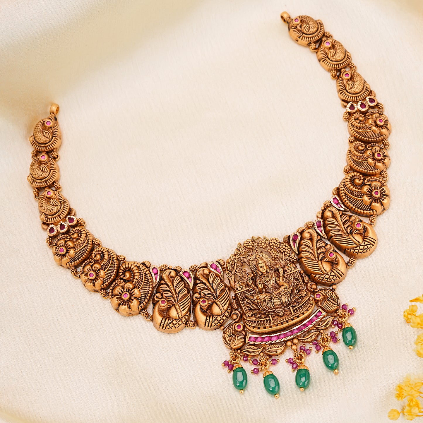 22KT Gold Nakshi Lakshmi Temple Necklace with Ruby &amp; Emeral