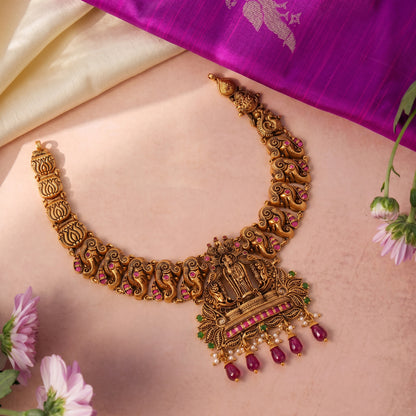 22KT Gold Nakshi Lord Murugan Temple Necklace
