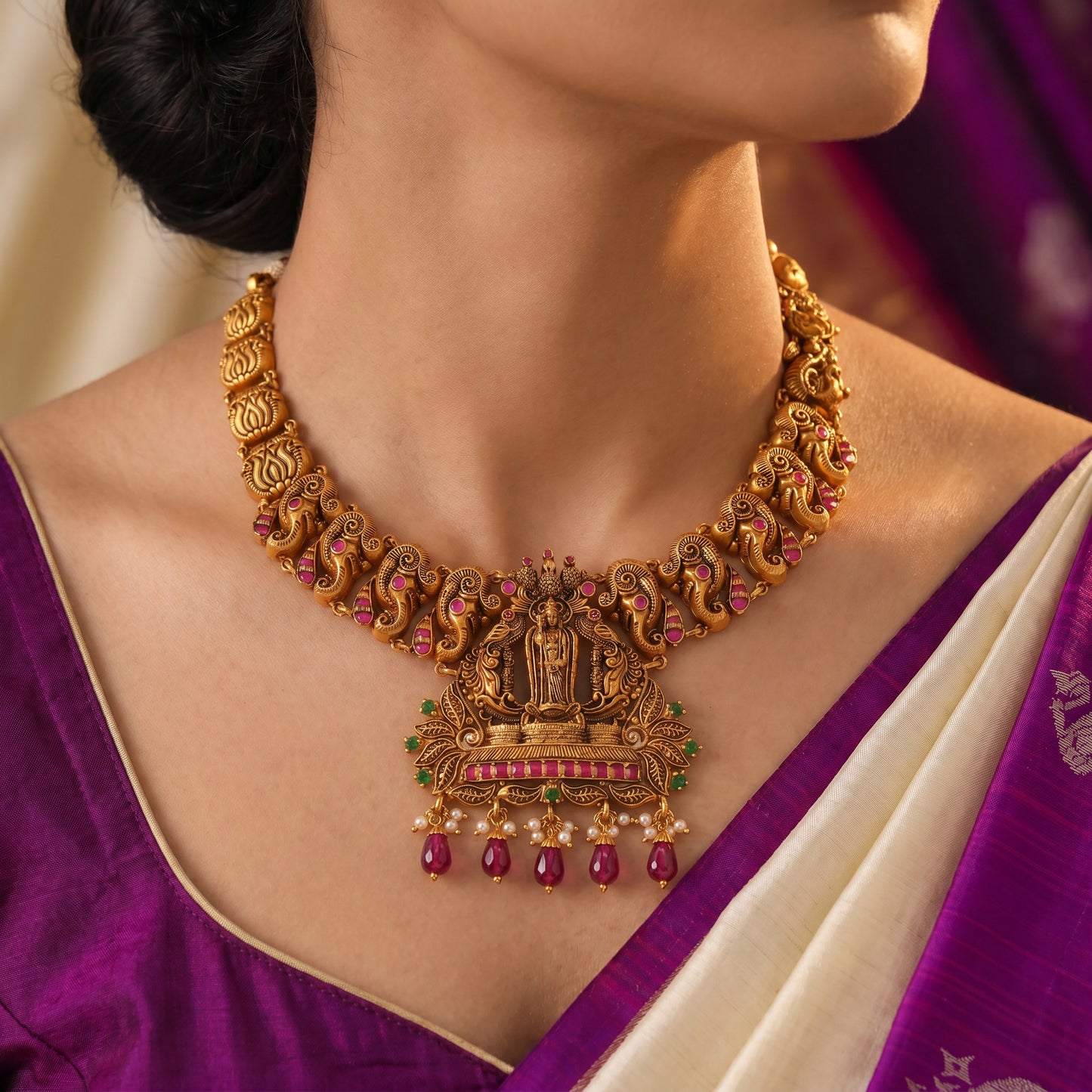 22KT Gold Nakshi Lord Murugan Temple Necklace