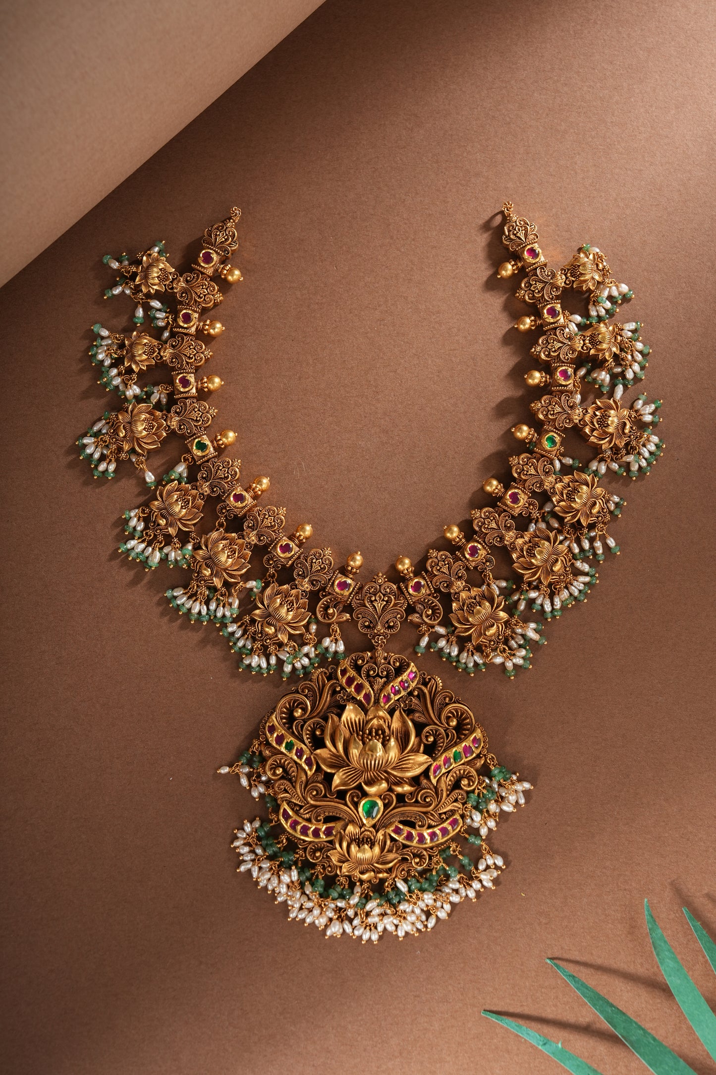 22KT Gold Micro Art Temple Necklace with Lotus & Pearl Drops