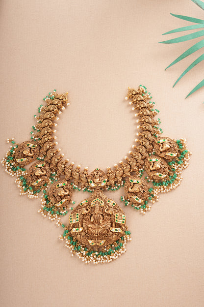 22KT Gold Micro Art Gajlakshmi Temple Necklace with Emerald
