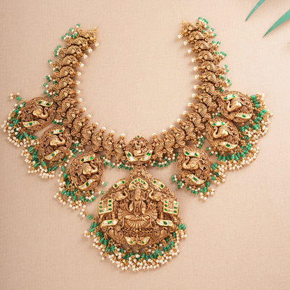 22KT Gold Micro Art Gajlakshmi Temple Necklace with Emerald