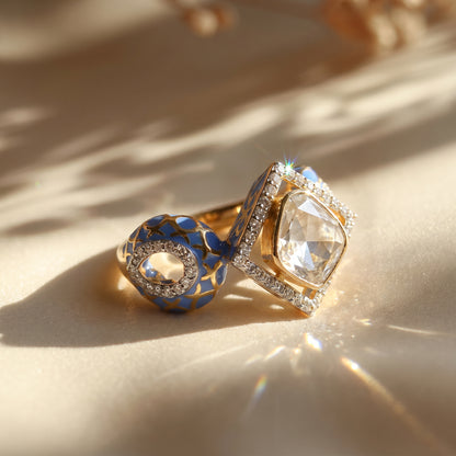 Jadau Polki Uncut Diamond Meenakari Bypass Ring in 18KT Gold
