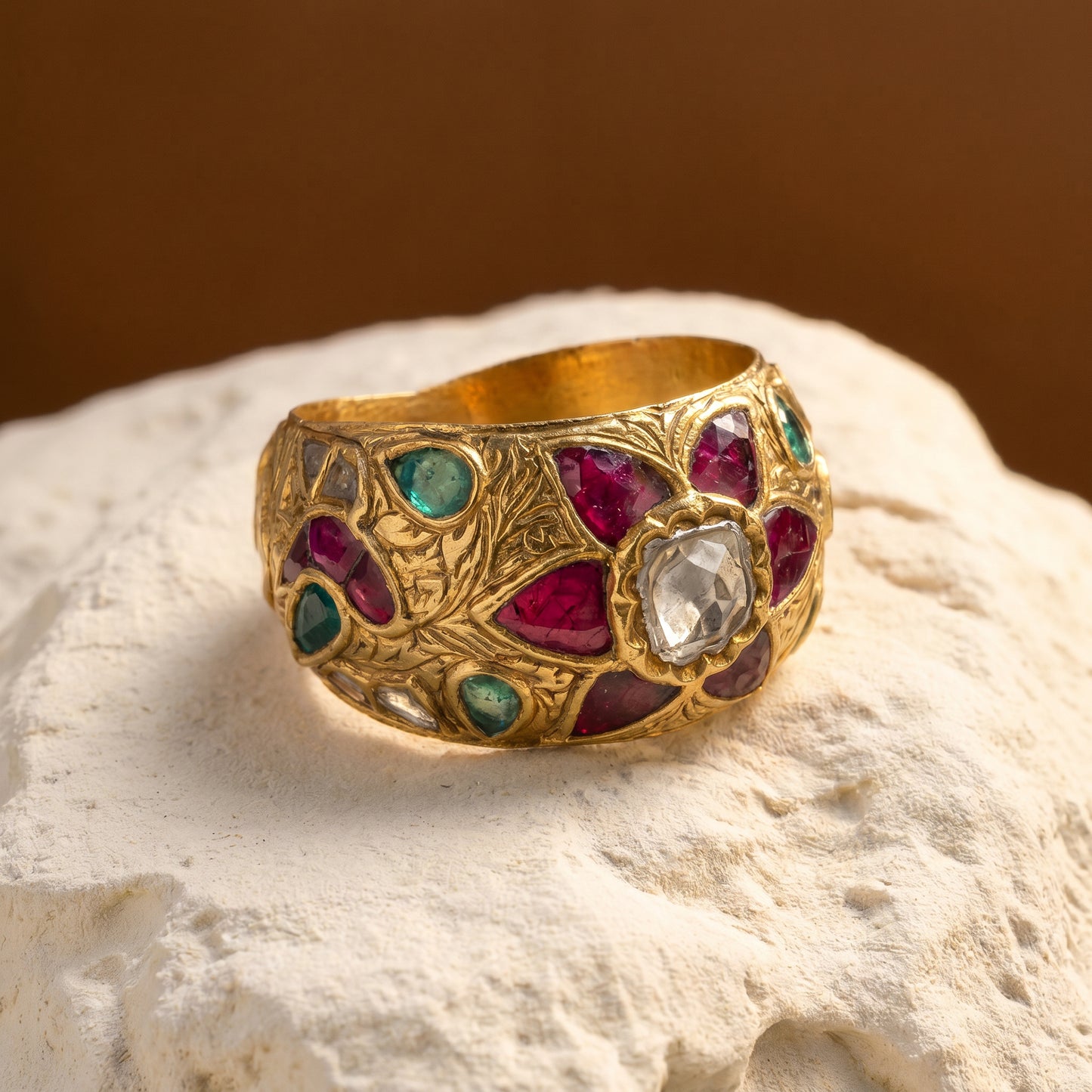 Jadau Kundan Ruby Turquoise Polki Dome Band Ring in 24KT Gold