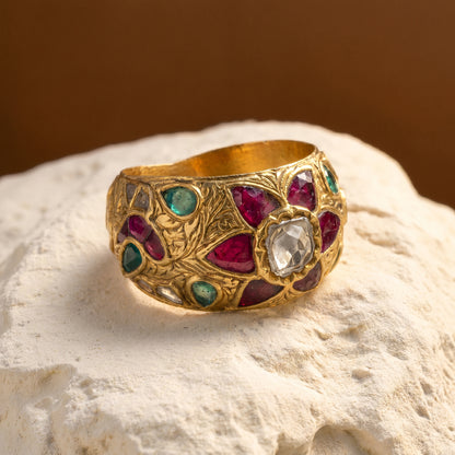 Jadau Kundan Ruby Turquoise Polki Dome Band Ring in 24KT Gold