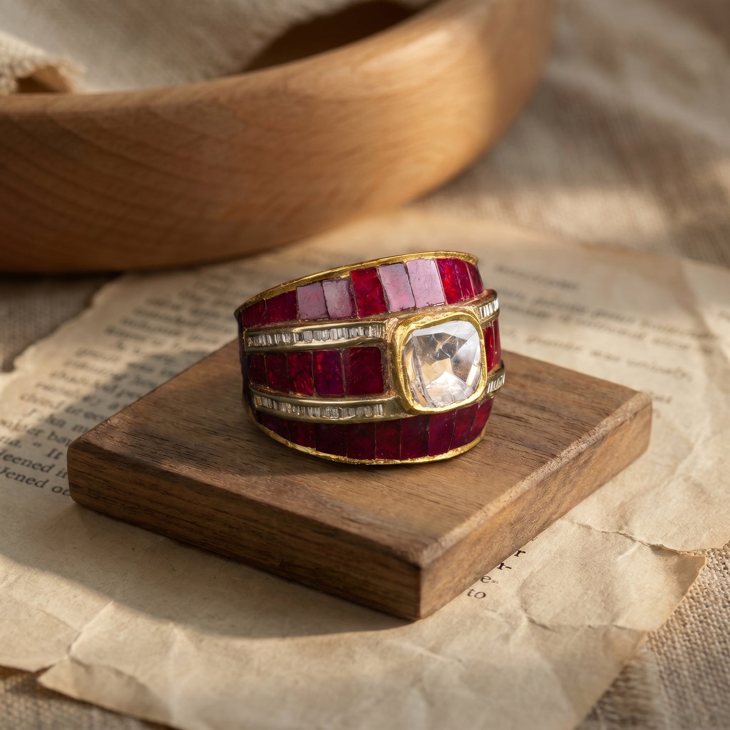 Ruby Baguette & Polki Uncut Diamond Wide Band Ring in 24KT Gold