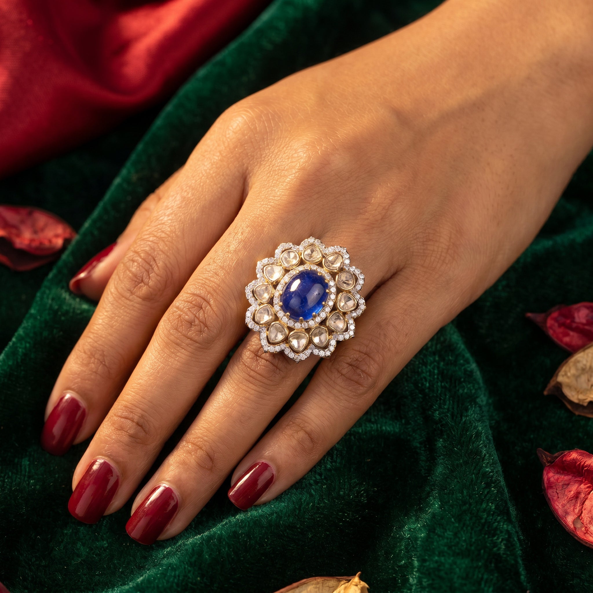 Jadau Blue Sapphire & Polki Uncut Diamond Ring in 18KT Gold