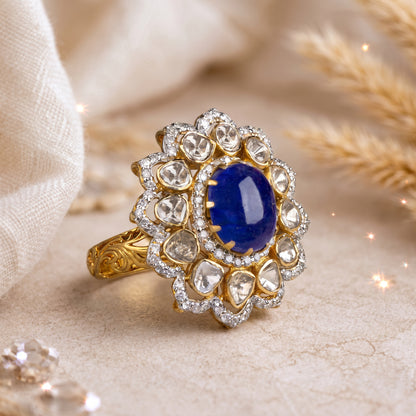 Jadau Blue Sapphire & Polki Uncut Diamond Ring in 18KT Gold