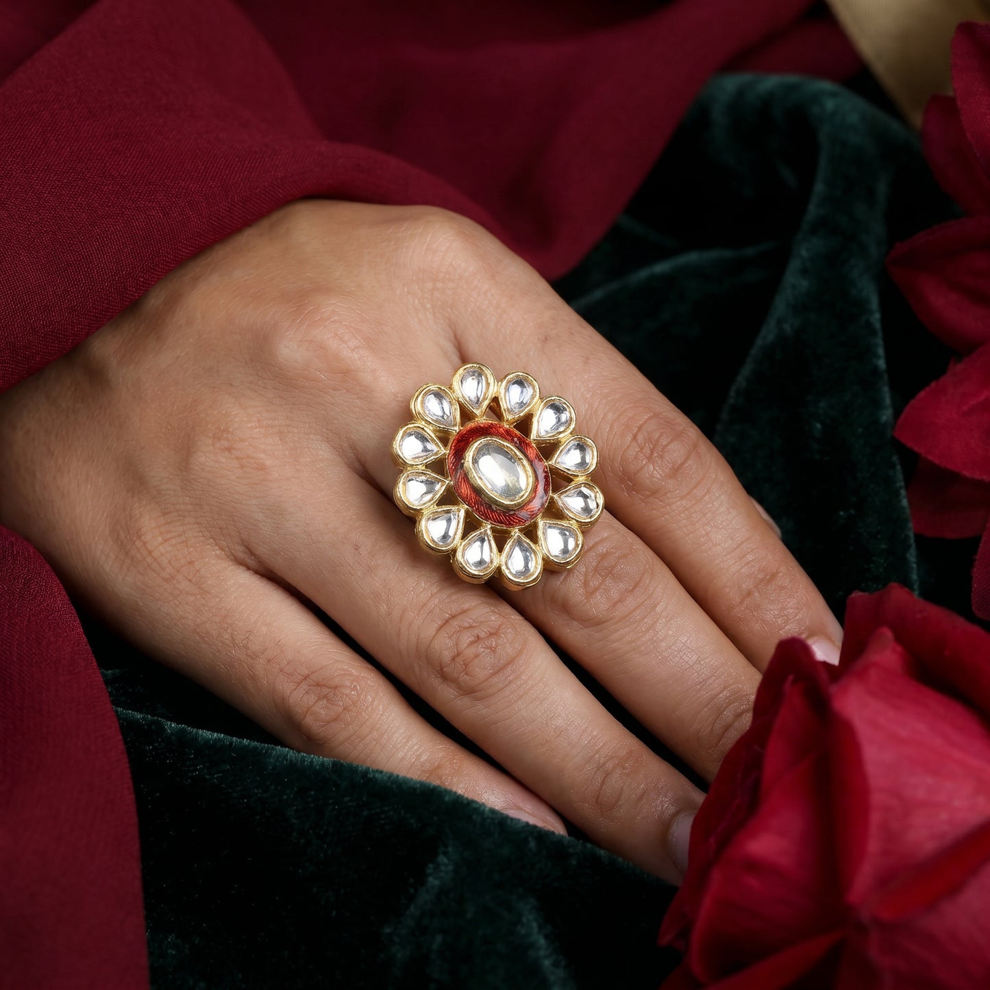 Jadau Polki Uncut Diamond Floral Ring in 24KT Gold for Women