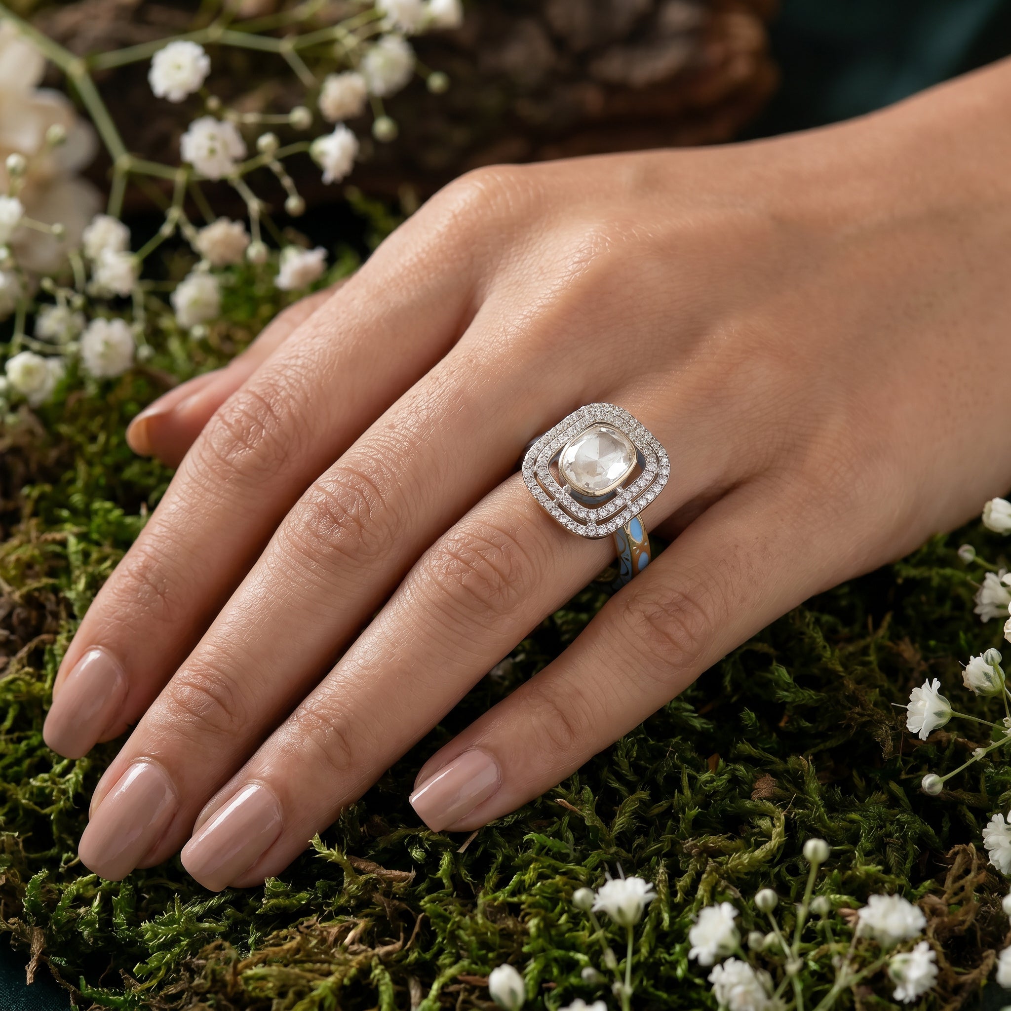 18KT Gold Blue Jadau Polki Diamond Ring