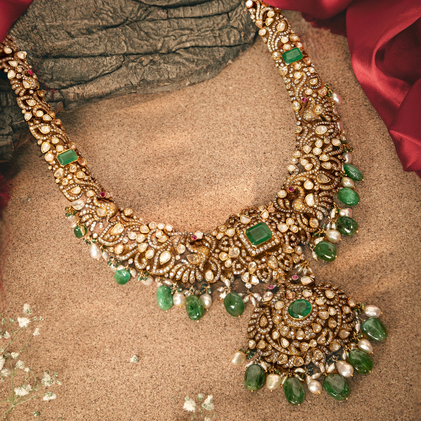 18KT Gold Uncut Diamond Victorian Necklace with Emerald Drops