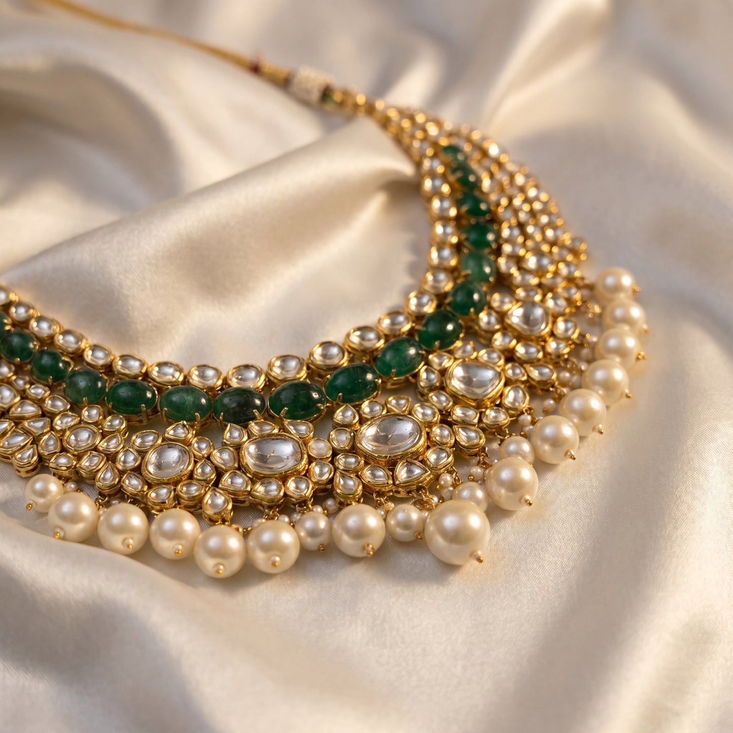 Jadau Polki Emerald & Pearl Bridal Necklace in 24KT Gold for Women