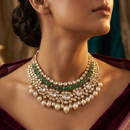 Jadau Polki Emerald & Pearl Bridal Necklace in 24KT Gold for Women