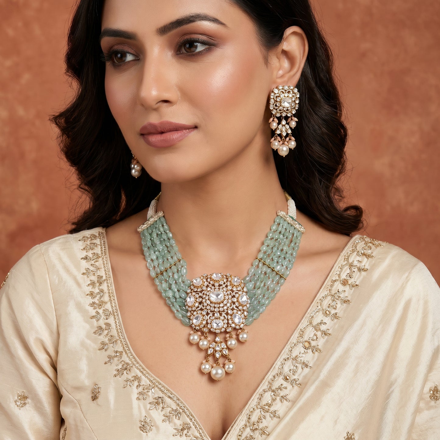 Jadau Uncut Diamond Choker Necklace Set in 18KT Gold for Women