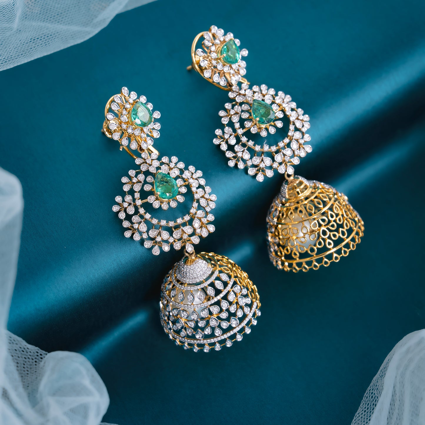 18Kt Gold Diamond Chandbali Jhumka Earrings with Emerald