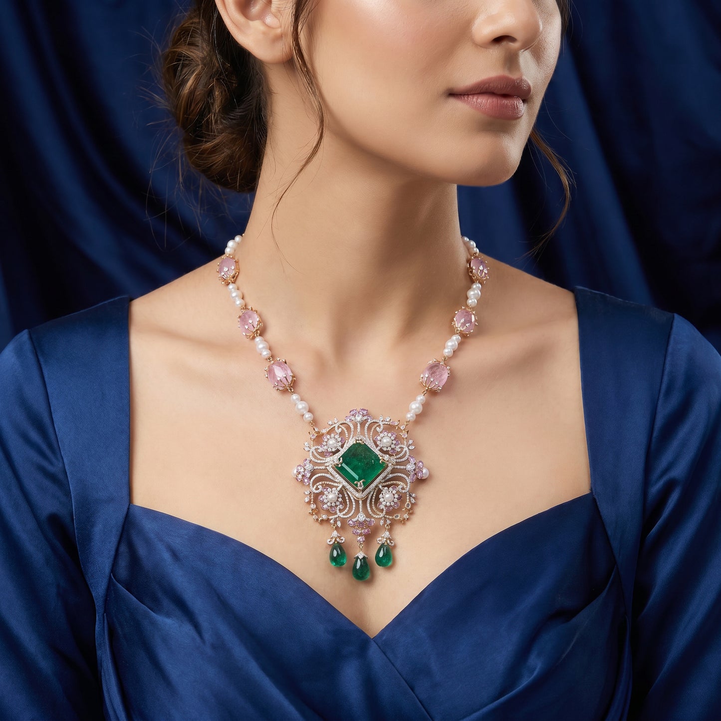 Designer 18KT Diamond Necklace with Emerald & Pearl for Women