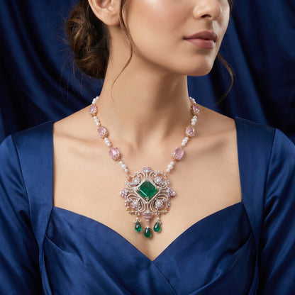 Designer 18KT Diamond Necklace with Emerald & Pearl for Women