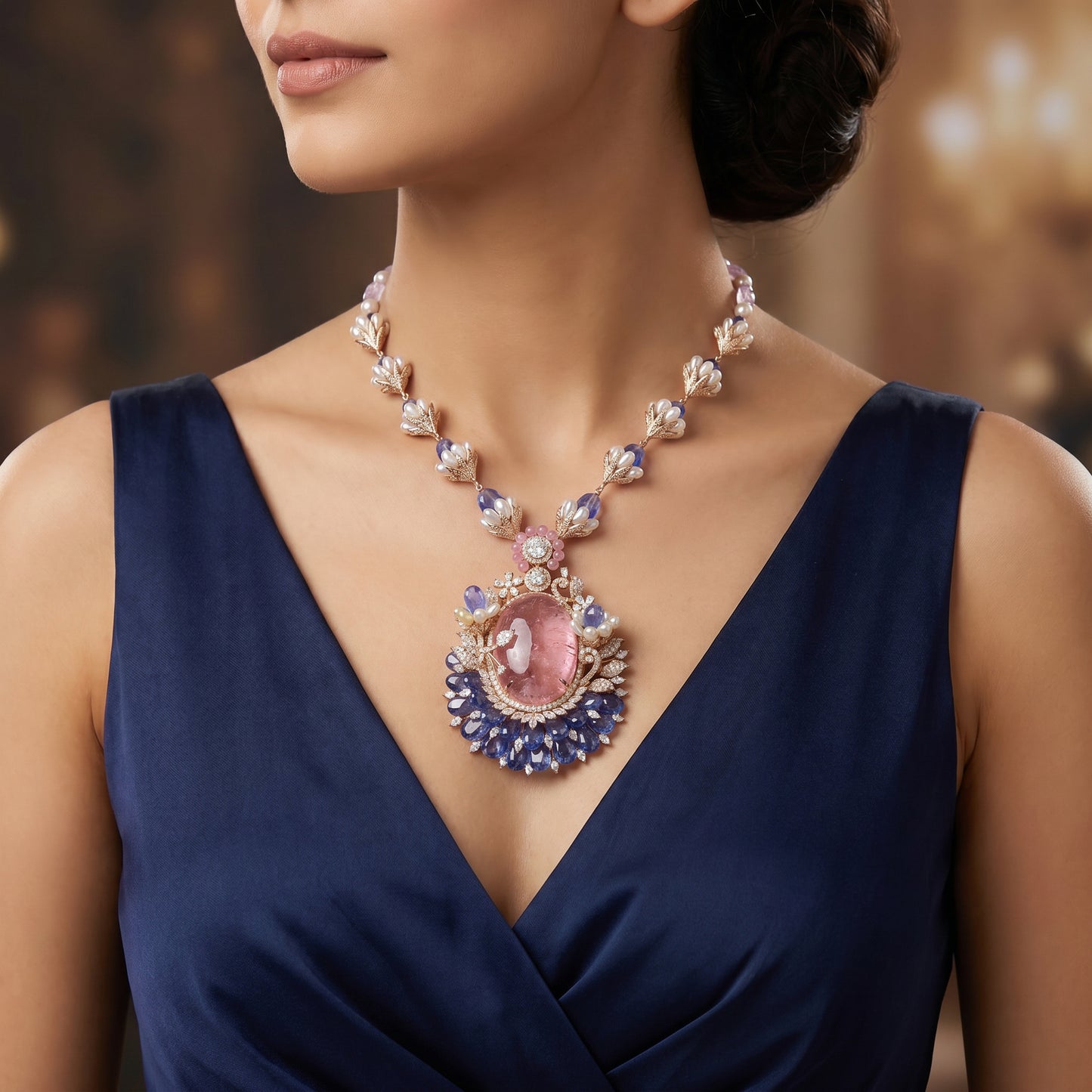 Designer 18kt Diamond Necklace with Tourmaline Sapphire