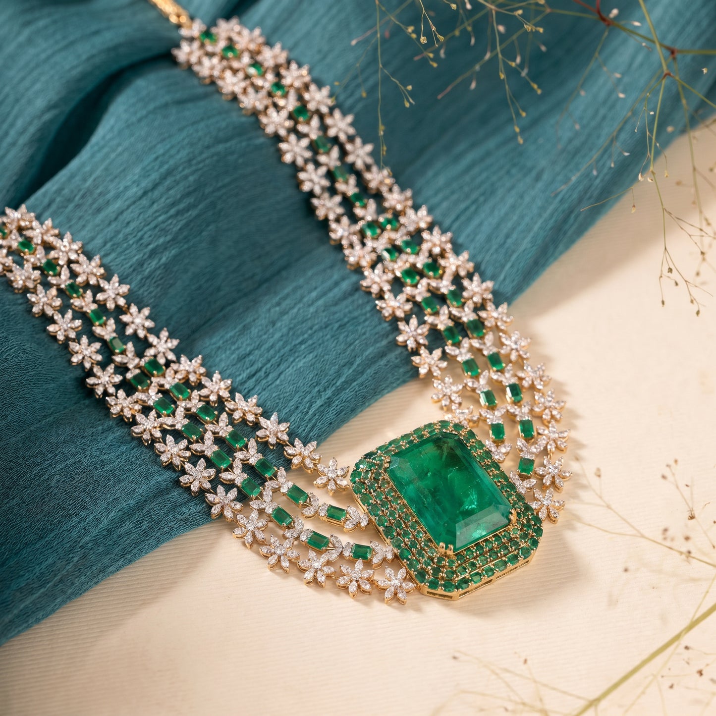 18KT Gold Diamond Bridal Haram with Emerald for Women