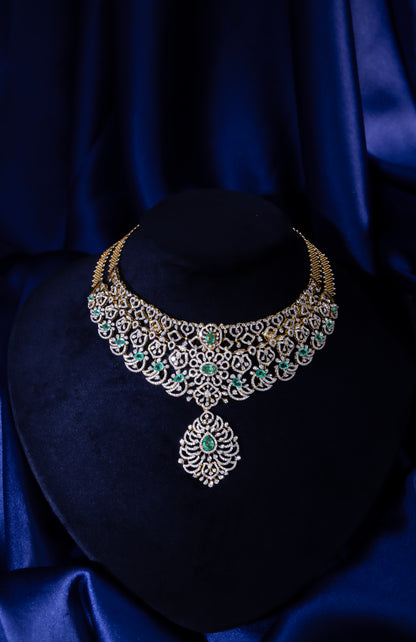 18KT Gold Diamond & Emerald Choker Necklace with Drop Pendant