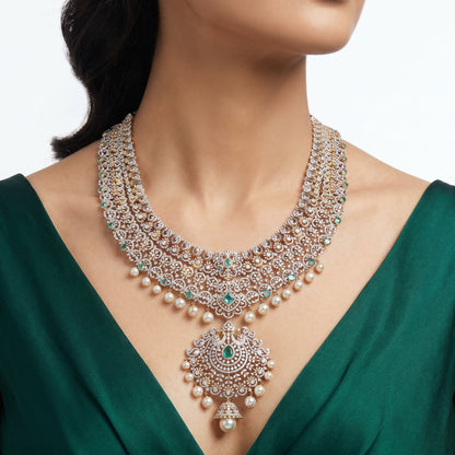 18KT Gold Bridal Diamond Haram with Emerald, Pearl & Jhumka Drop