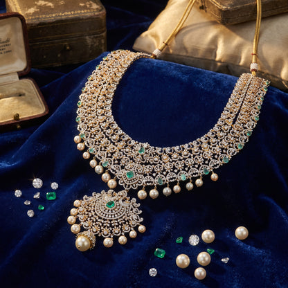 18KT Gold Bridal Diamond Haram with Emerald, Pearl & Jhumka Drop