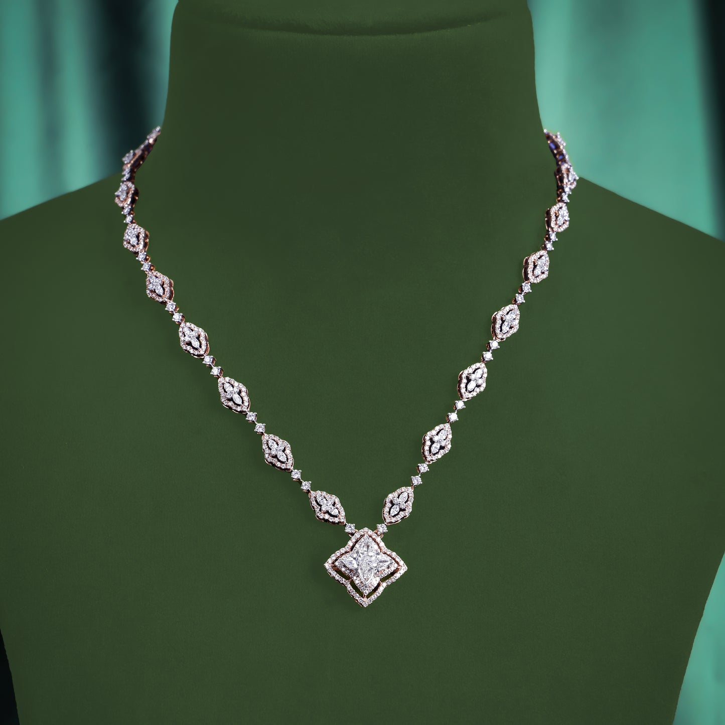 18KT Rose Gold Trendy Diamond Necklace with Floral Pendant