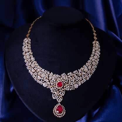 Bridal 18KT Gold Diamond Ruby Floral Necklace for Women