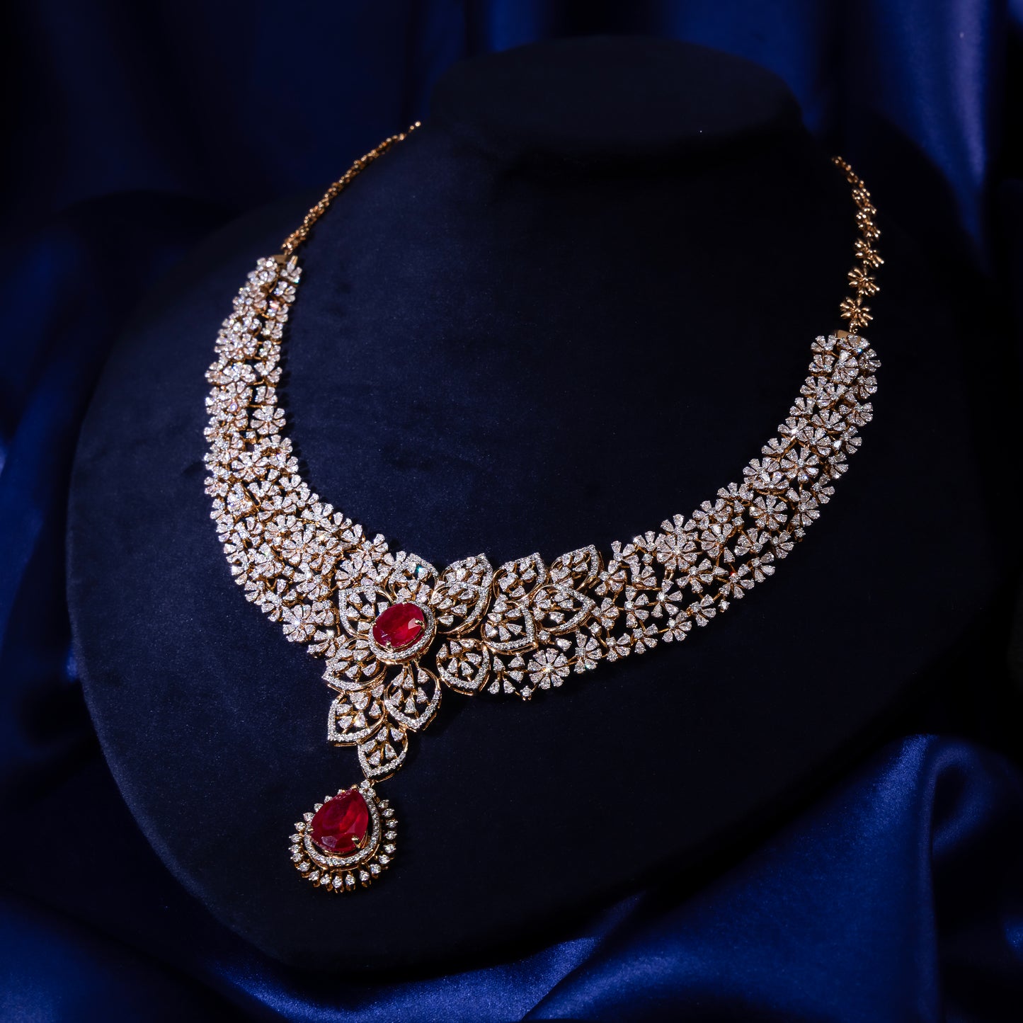 Bridal 18KT Gold Diamond Ruby Floral Necklace for Women