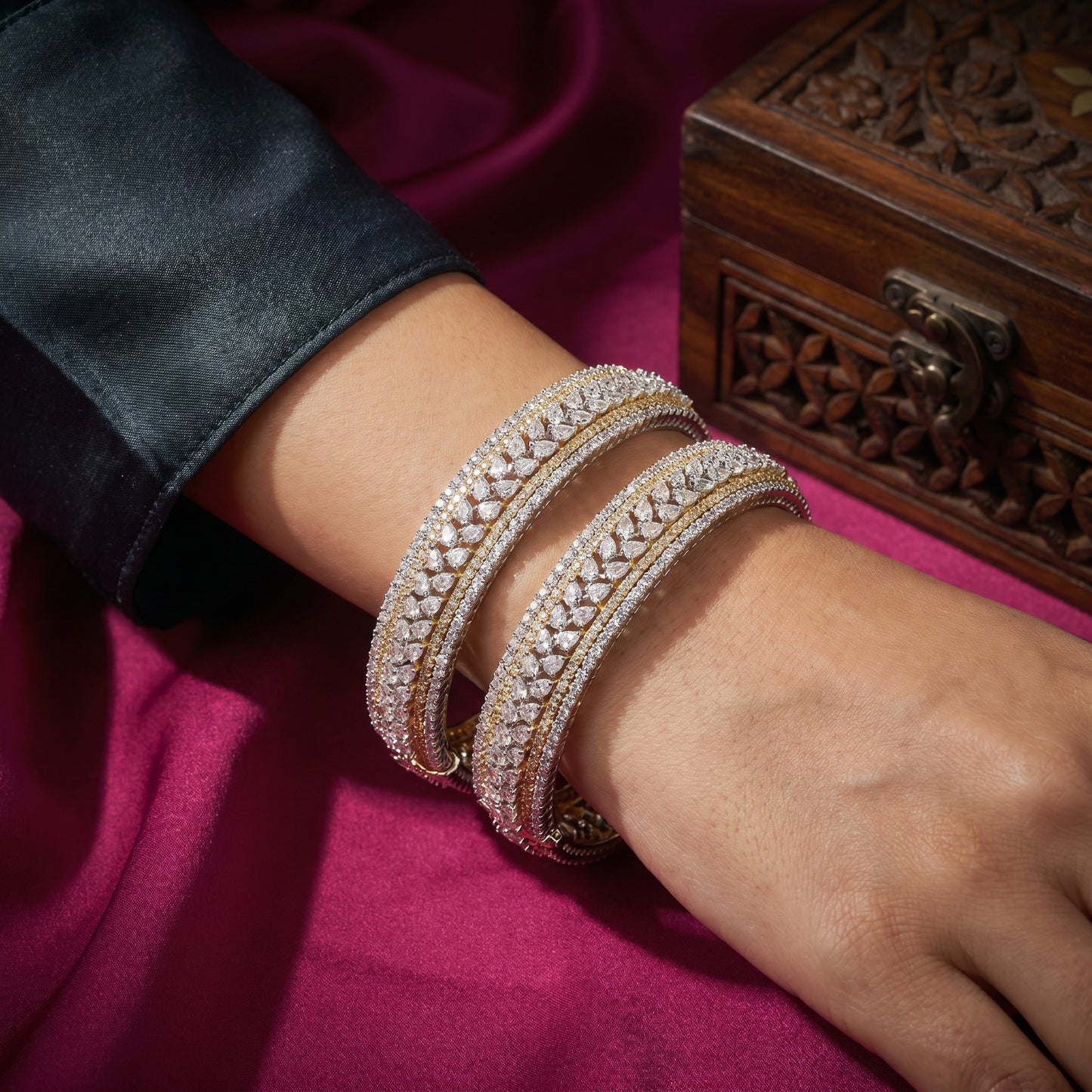 18KT Dual Tone Gold Diamond Bridal Bangle Pair for Women