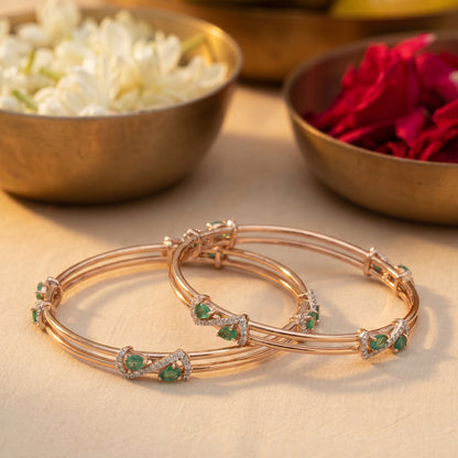 18Kt Diamond Bangles with Emerald Green Stones for Women